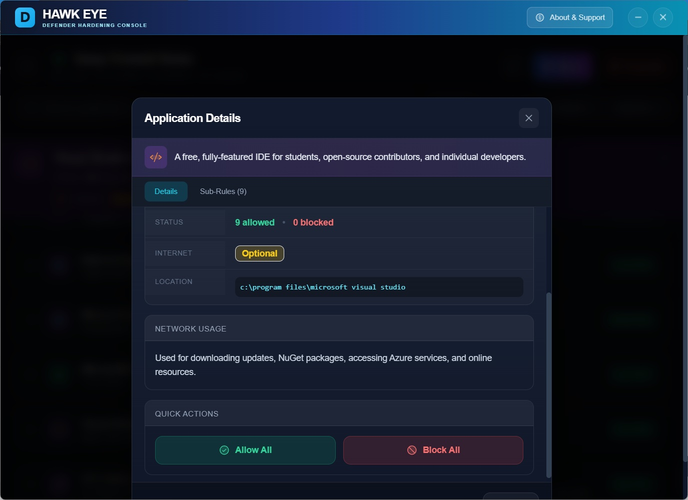 Application Details modal for Visual Studio IDE showing AI description, 9 allowed 0 blocked status, Optional internet requirement badge, network usage explanation for updates NuGet and Azure services, with Allow All and Block All quick action buttons
