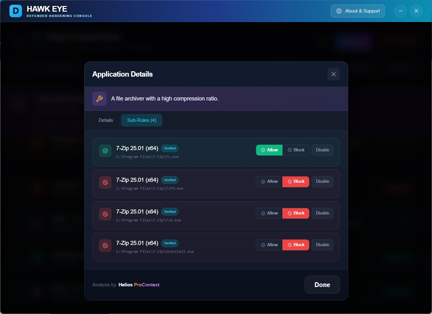 Application Details modal for 7-Zip file archiver showing 4 sub-rules for individual executables 7z.exe 7zFM.exe 7zG.exe and Uninstall.exe with Verified badges and granular Allow Block Disable controls for each