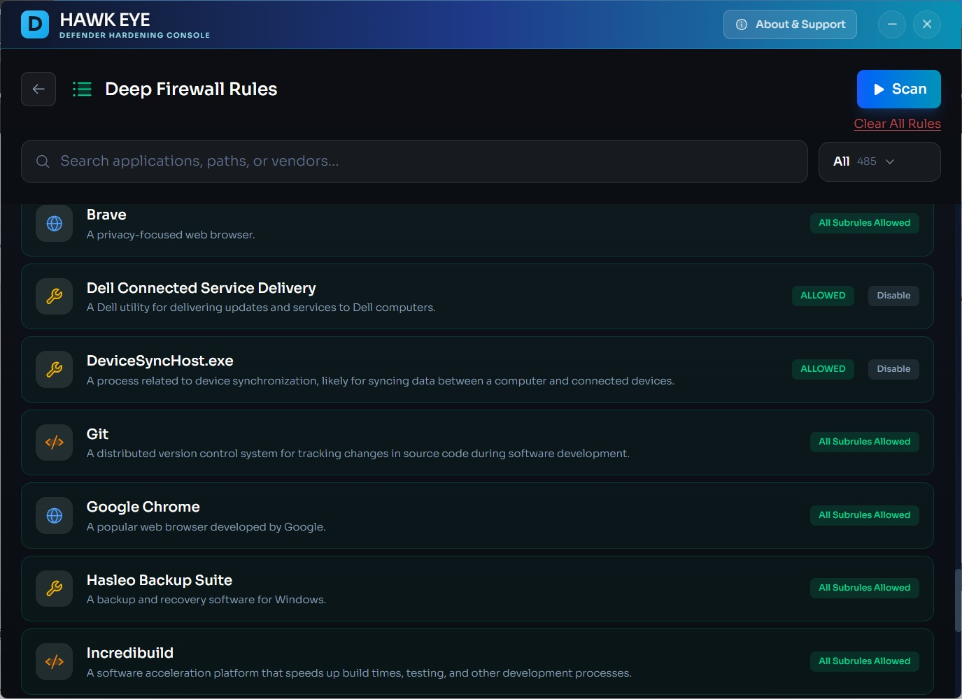 Deep Firewall Rules interface showing applications including Brave browser, Dell Connected Service Delivery, DeviceSyncHost, Git, Google Chrome, Hasleo Backup Suite, and Incredibuild with descriptions and All Subrules Allowed or individual ALLOWED status badges