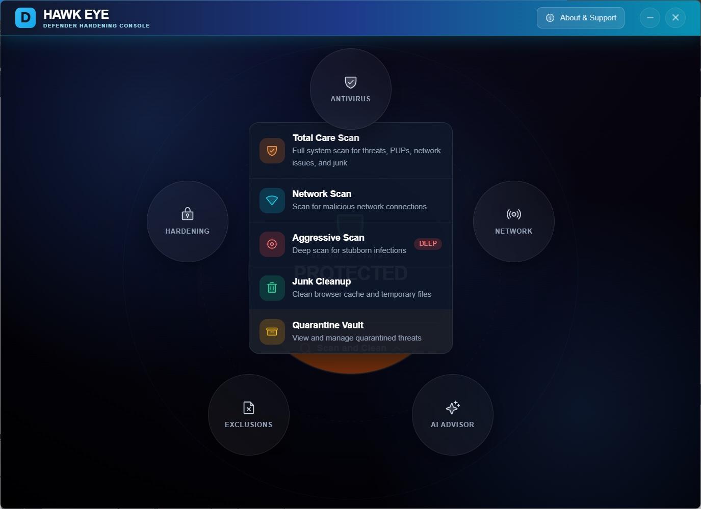 Antivirus module menu showing scan options including Total Care Scan, Network Scan, Aggressive Scan with DEEP badge, Junk Cleanup, and Quarantine Vault with the Orbit UI circles visible in the background