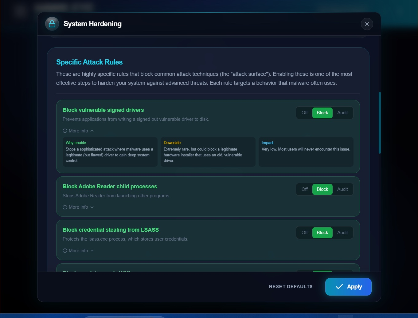 System Hardening settings panel showing Attack Surface Reduction rules including Block vulnerable signed drivers, Block Adobe Reader child processes, and Block credential stealing from LSASS with Off, Block, and Audit toggle options