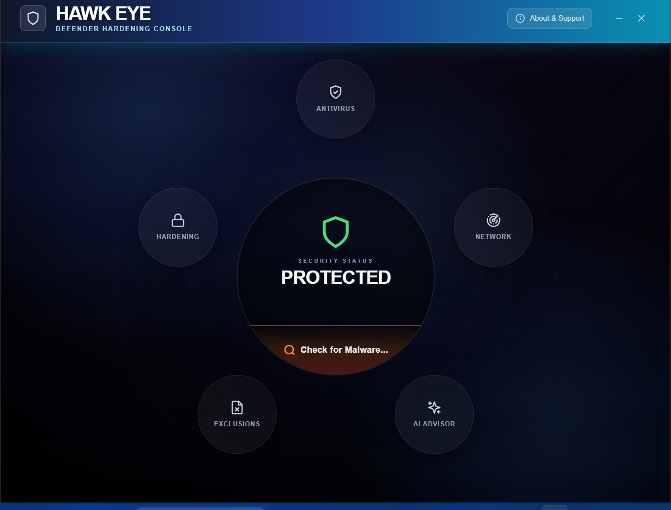 Defender Hardening Console main dashboard showing Orbit UI with central Protected status indicator surrounded by five feature modules: Antivirus, Hardening, Network, Exclusions, and AI Advisor on a dark blue gradient background