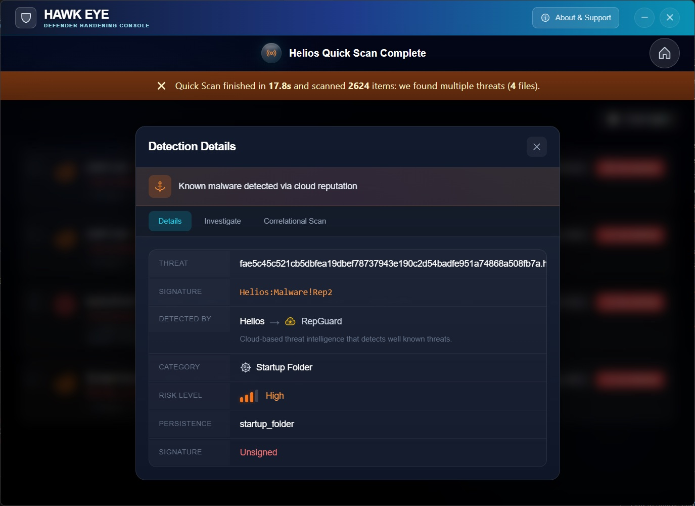 Detection Details modal showing malware detected via cloud reputation with Helios Malware Rep2 signature, RepGuard cloud intelligence, Startup Folder category, High risk level, and Unsigned file signature status