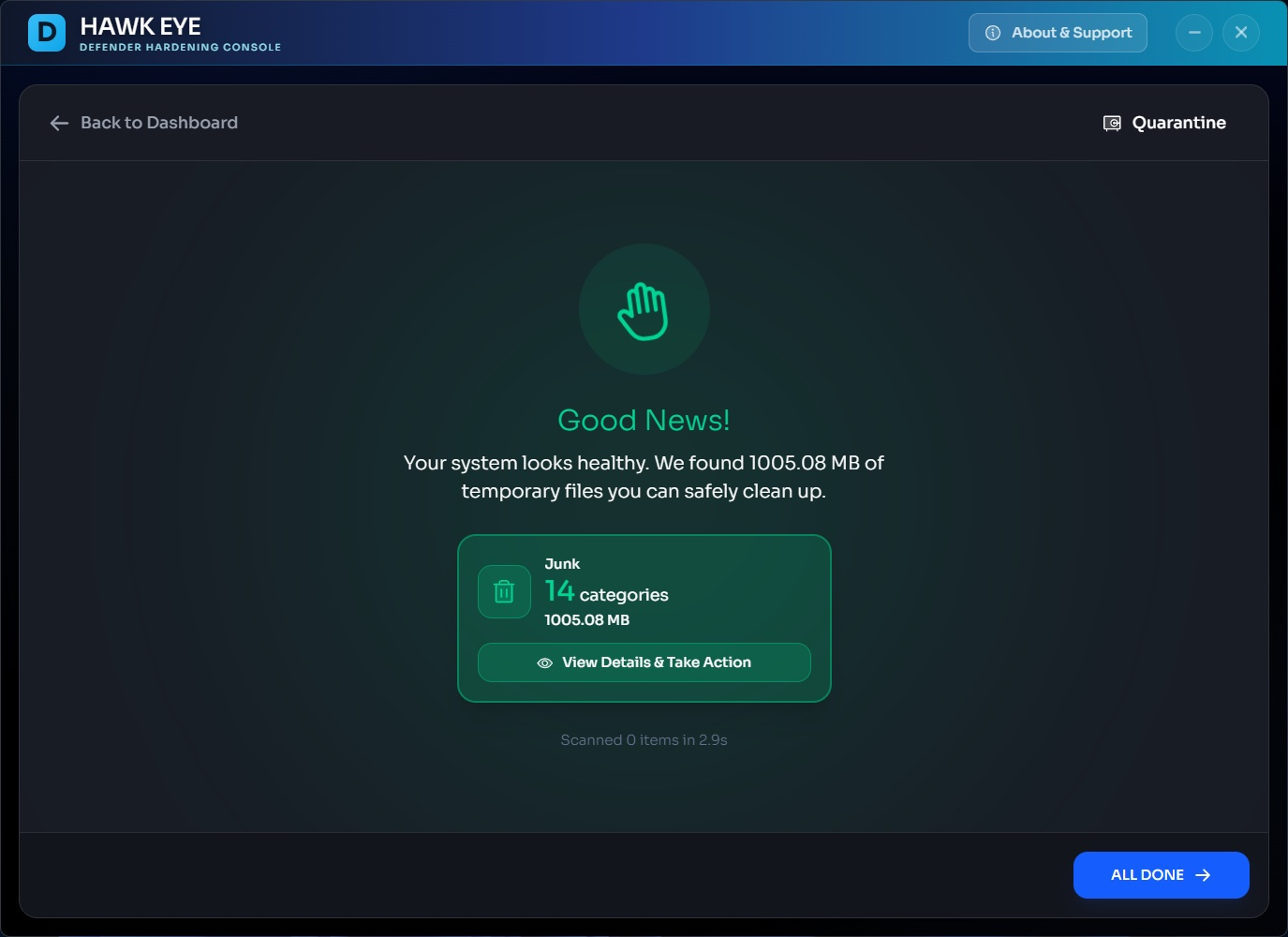 Good News scan results screen showing healthy system with hand wave icon, 1005 MB of temporary junk files found across 14 categories with View Details and Take Action button